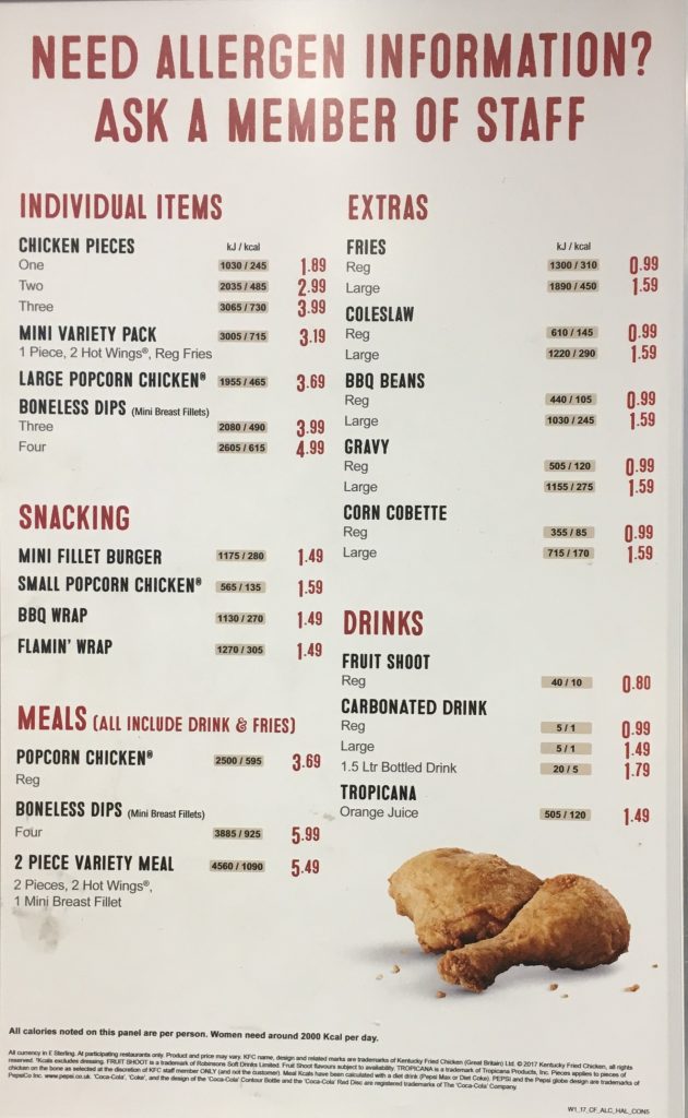 Here S A Picture Of The 2018 Kfc Menu In London Area May Differ Near You